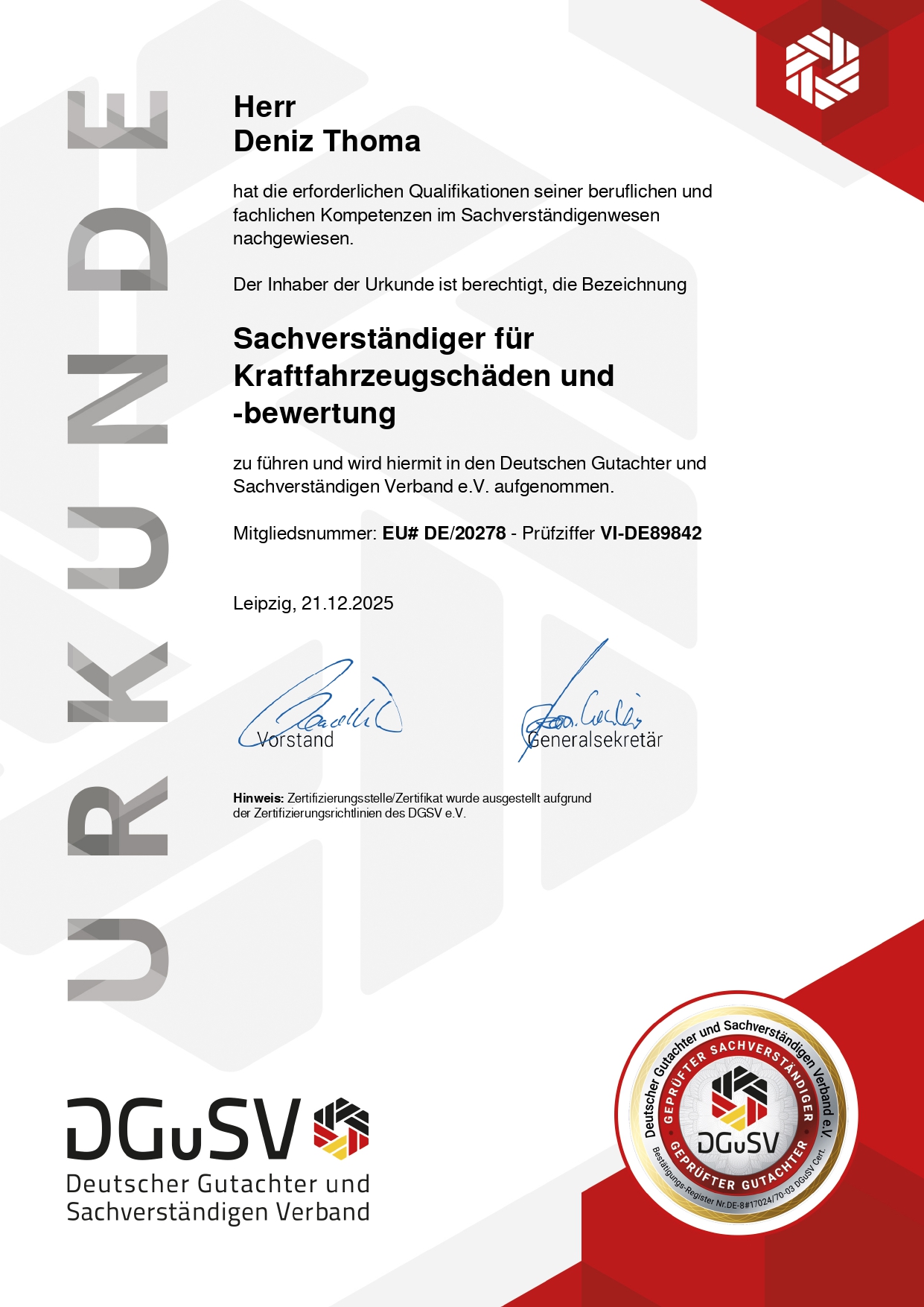 DGuSV Urkunde – Sachverständiger für Kraftfahrzeugschäden und -bewertung, Deniz Thoma